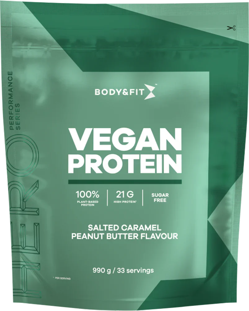 Body &amp; Fit Vegan Protein - 990 g Suolattua Karamellia ja Maapähkinävoita