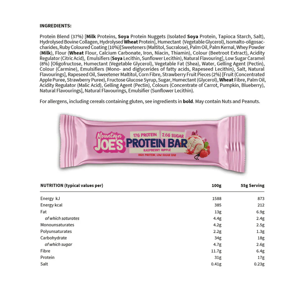 Mountain Joe's Protein Bar - 12 x 55g Raspberry Ripple
