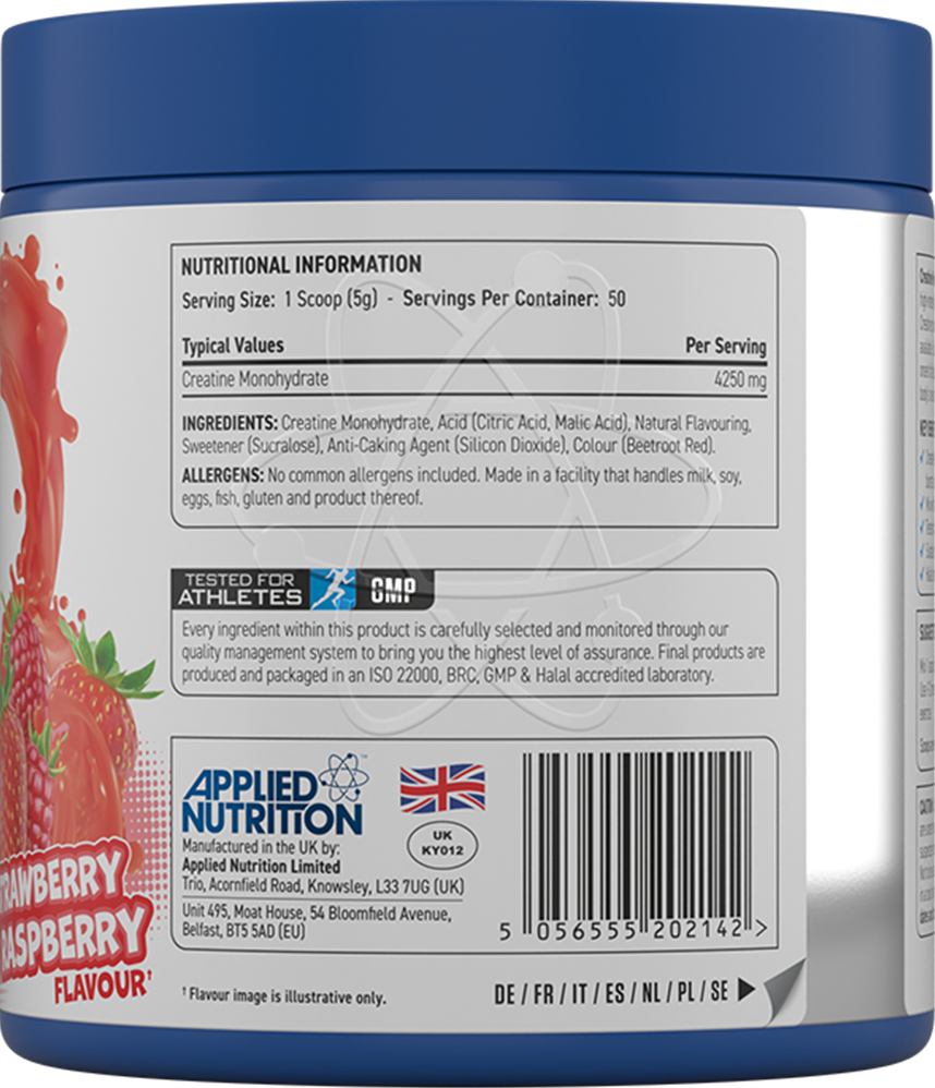 Applied Nutrition Maustettu kreatiinimonohydraatti - 250 g Mansikka ja Vadelma