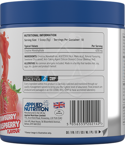 Applied Nutrition Maustettu kreatiinimonohydraatti - 250 g Mansikka ja Vadelma