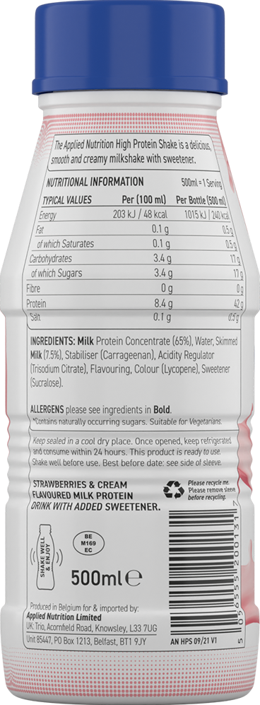 Applied Nutrition proteiinijuomapirtelö - 8 x 500 ml, mansikka- ja kermamakuinen 