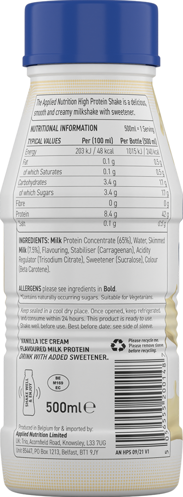 Applied Nutrition proteiinijuomapirtelö - 8 x 500 ml vaniljajäätelöä 