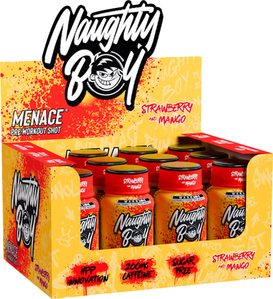 Naughty Boy Menace -harjoitusta edeltävä shotti - 12 x 60 ml Mansikka-Mango